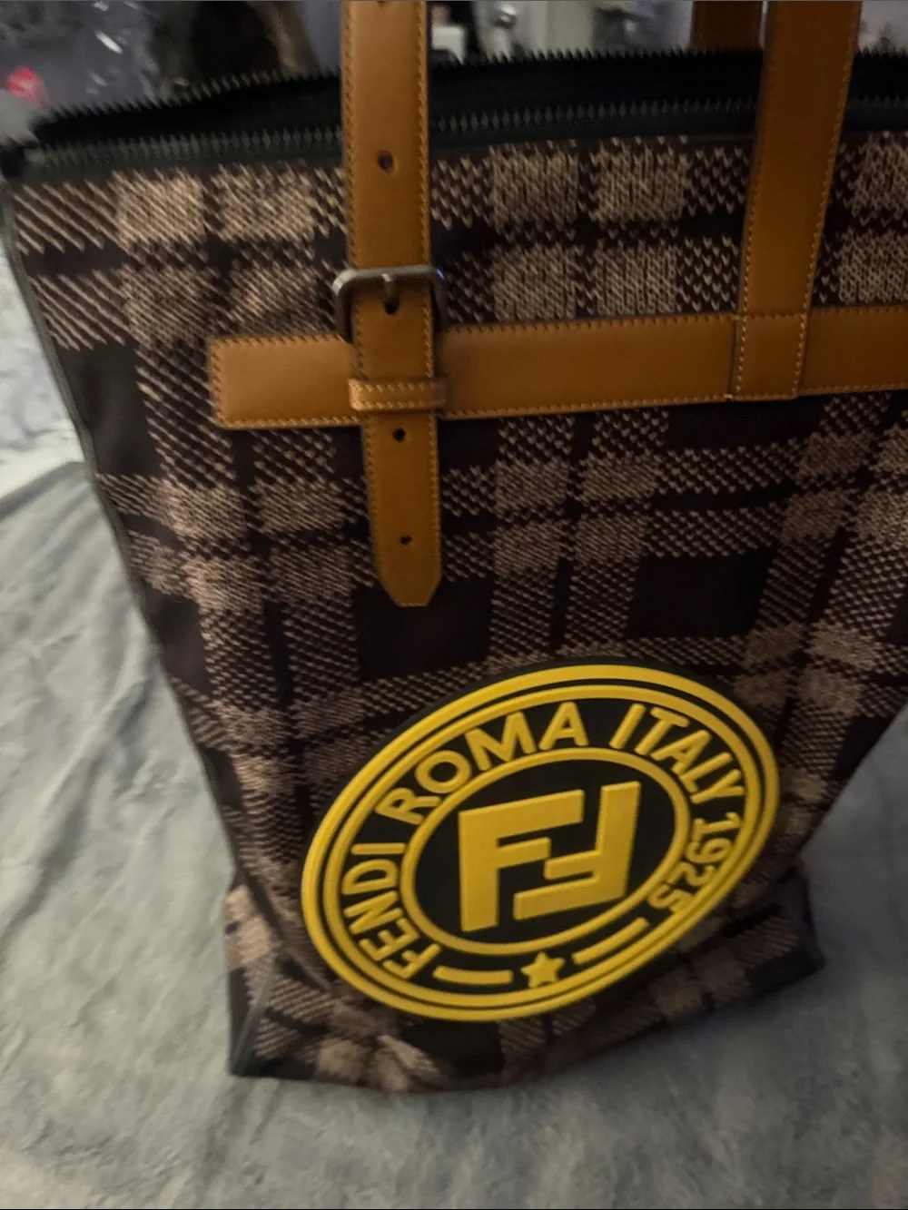 Preloved Fendi Plaid luggage/tote with Yellow Logo and Tan Straps